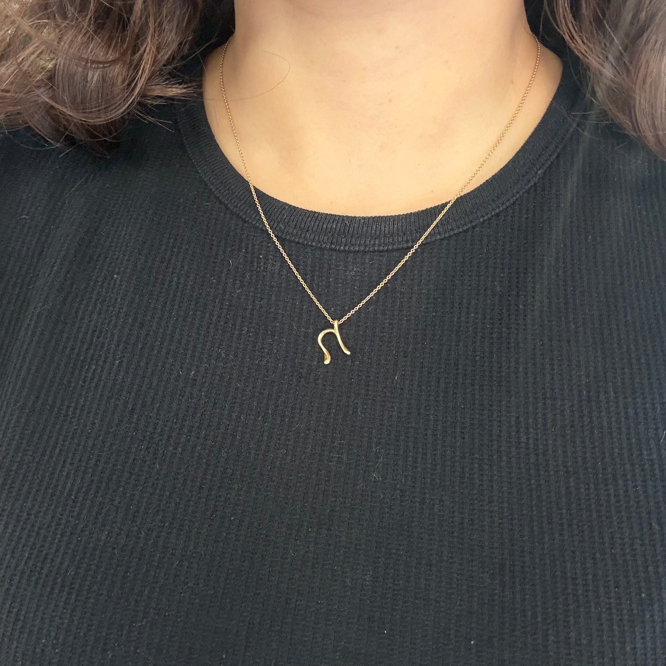 Person wearing a gold necklace with a unique pendant on a plain background