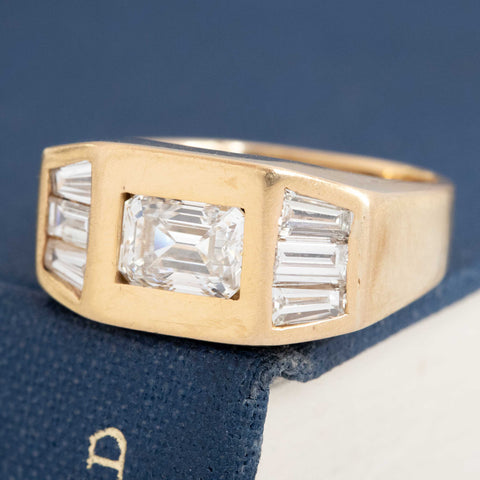 1.70ctw Vintage Emerald & Baguette Cut Diamond Flush Set Ring