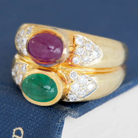 2.85ctw Vintage Emerald & Ruby Twin Stone Diamond Ring