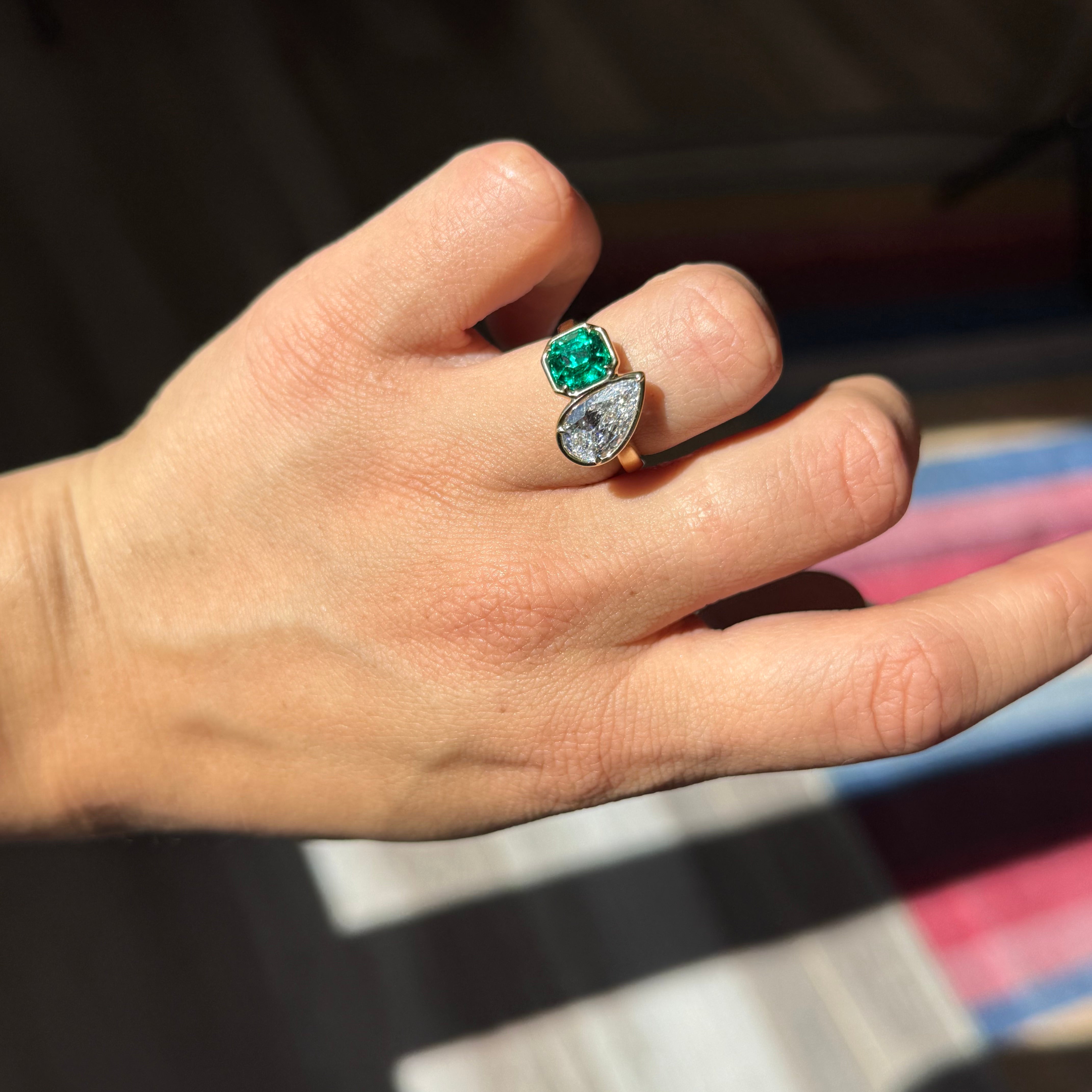 2.97ctw Pear Cut Diamond & Colombian Emerald Toi et Moi Ring, GIA D IF