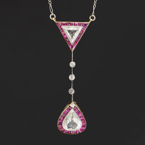 2.59ctw Antique Triangular & Pear Cut Diamond & Ruby Lavaliere, French