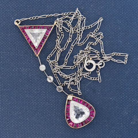 2.59ctw Antique Triangular & Pear Cut Diamond & Ruby Lavaliere, French