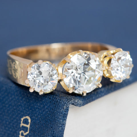 3.25ctw Antique Old European Cut Diamond 3-Stone Ring, GIA K SI2