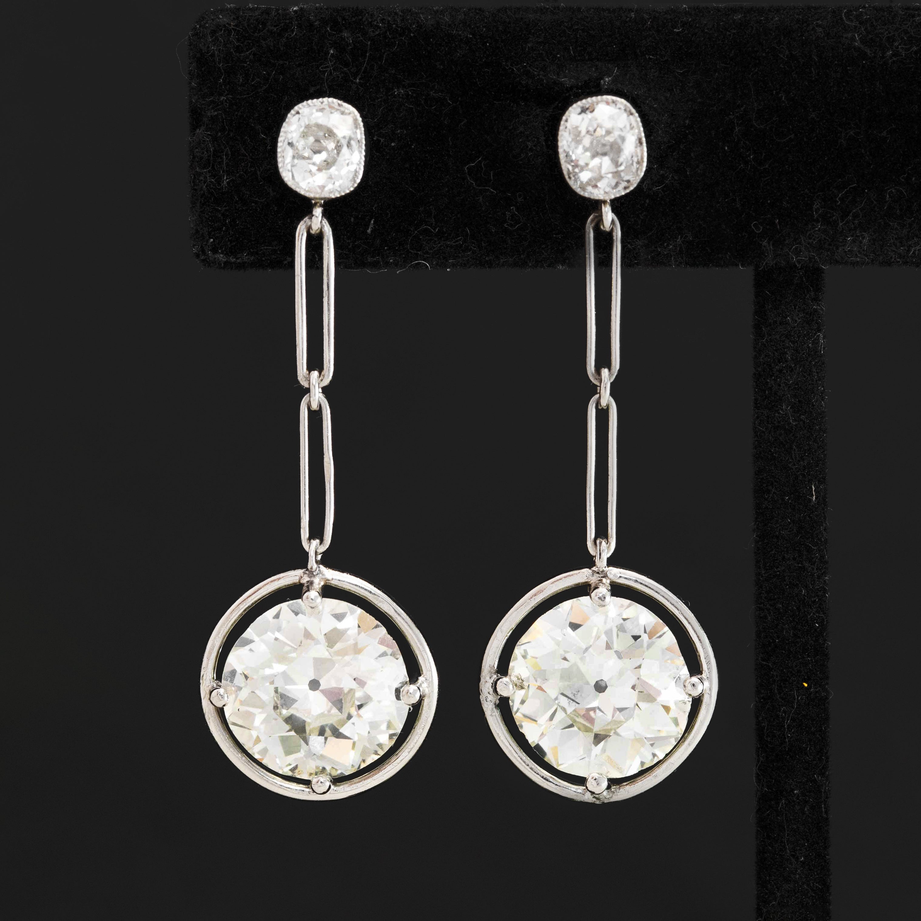 7.80ctw Art Deco Old European Cut Diamond Drop Earrings