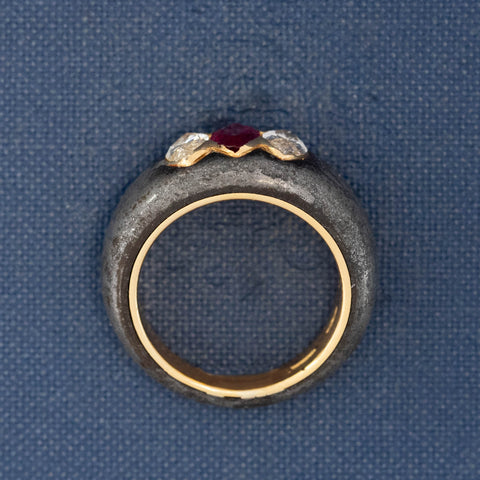 1.59ctw Vintage Marquise Cut Diamond & Ruby Steel Ring, by Bvlgari