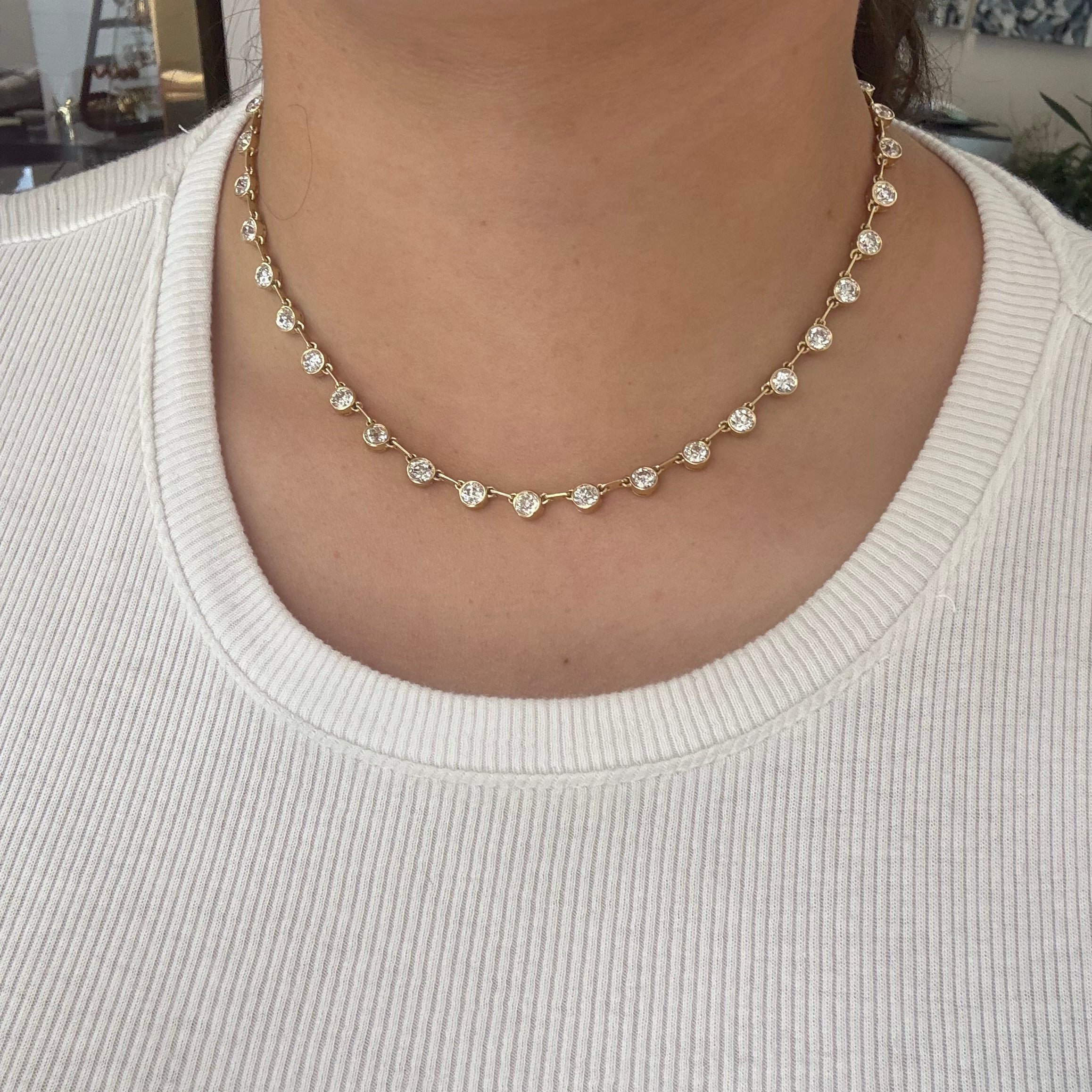 10.63ctw Old European Cut Diamond Bezel Bar Link Tennis Necklace