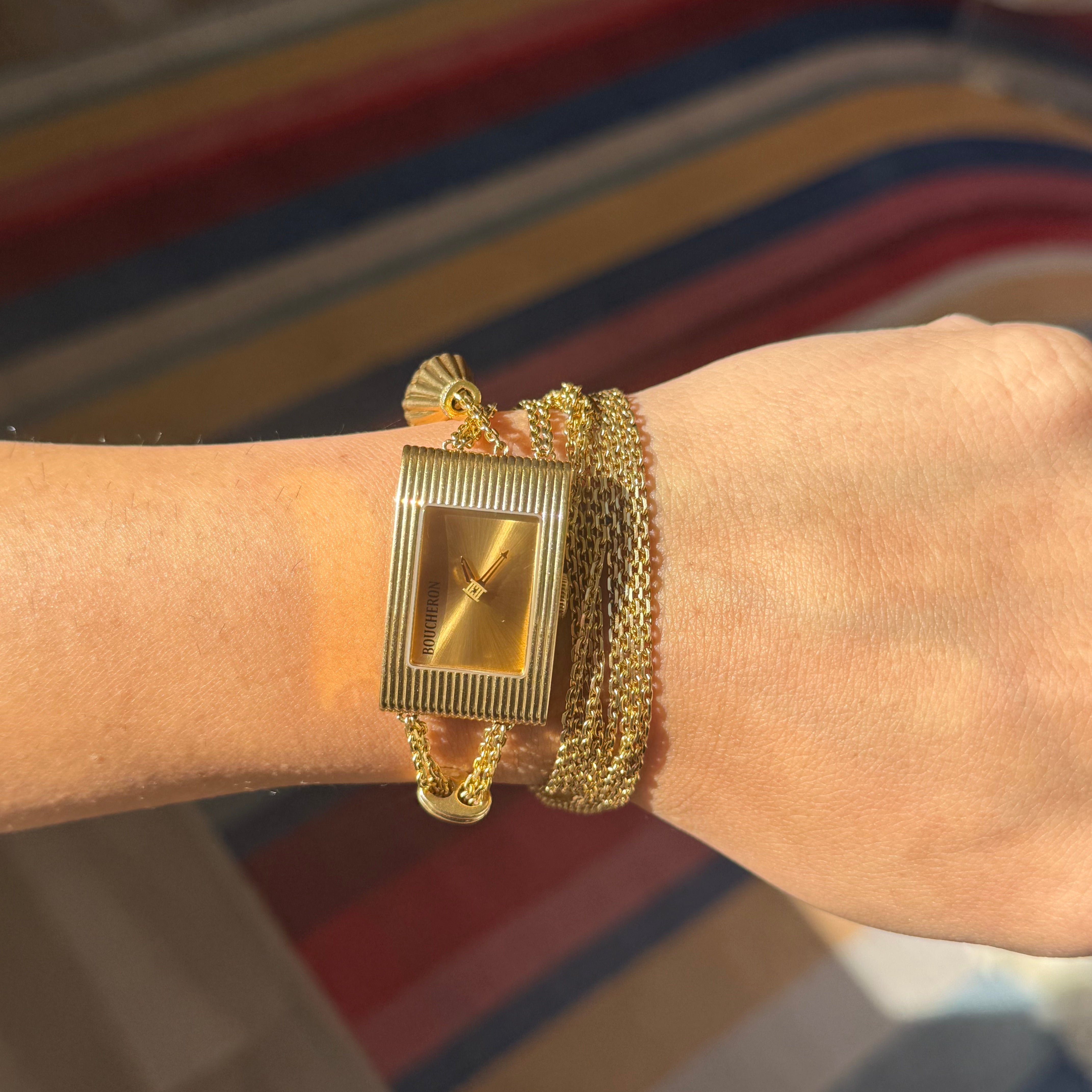 Boucheron rectangular gold chatelaine watch worn as a wrist watch or bracelet