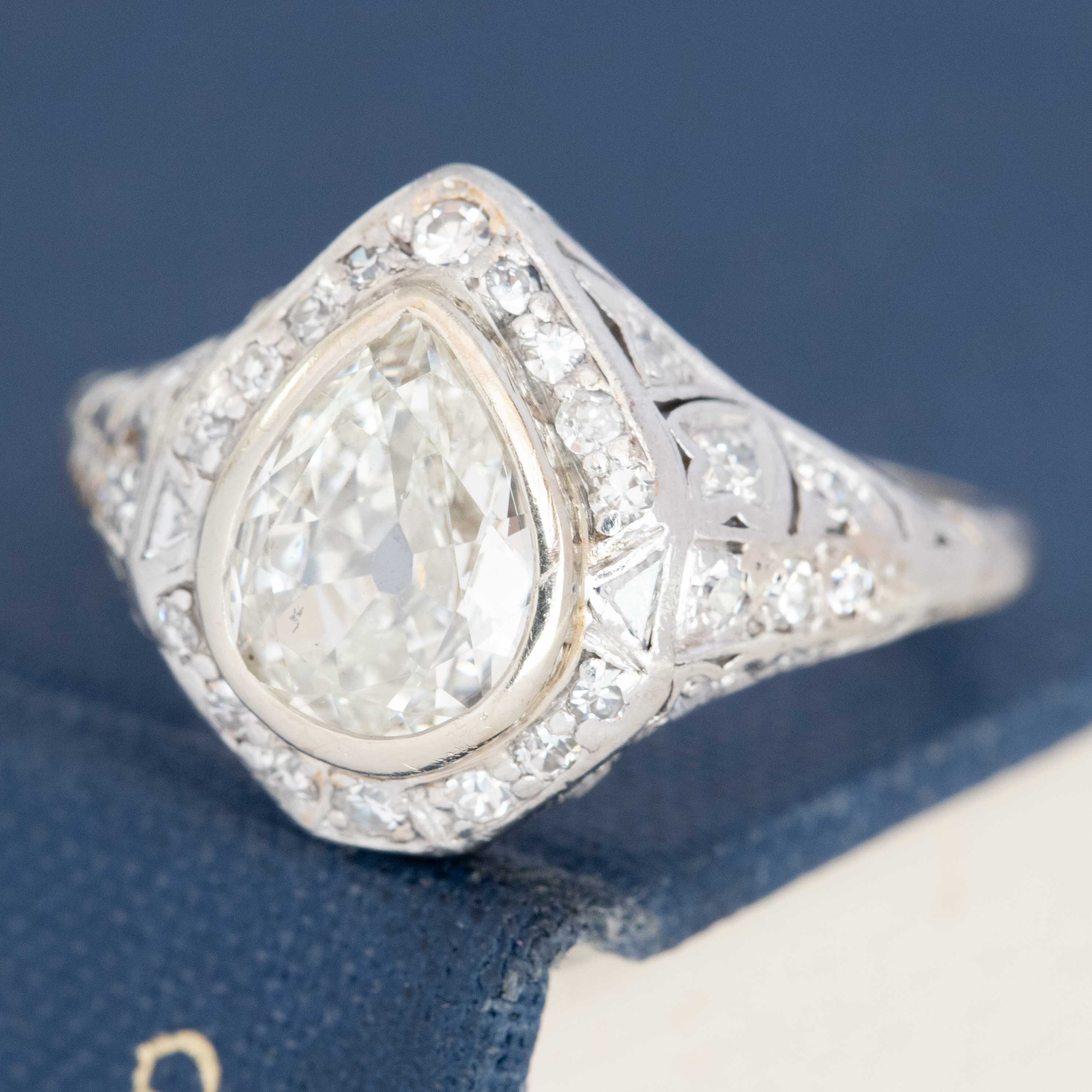 Edwardian Art Deco pear diamond ring with bezel