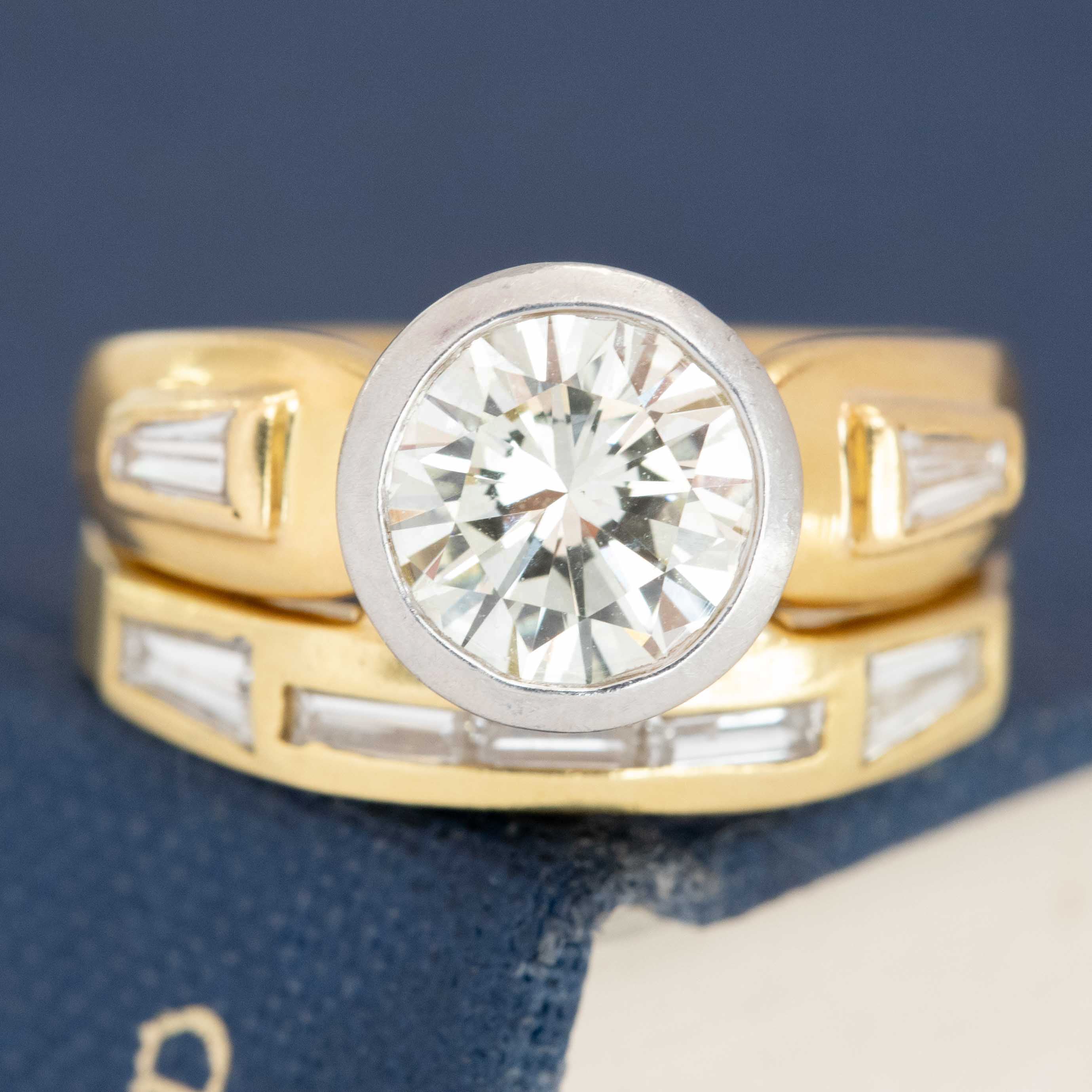 Vintage diamond wedding set with bezel round brilliant and baguettes