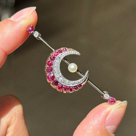 Victorian Diamond & Ruby Crescent Brooch