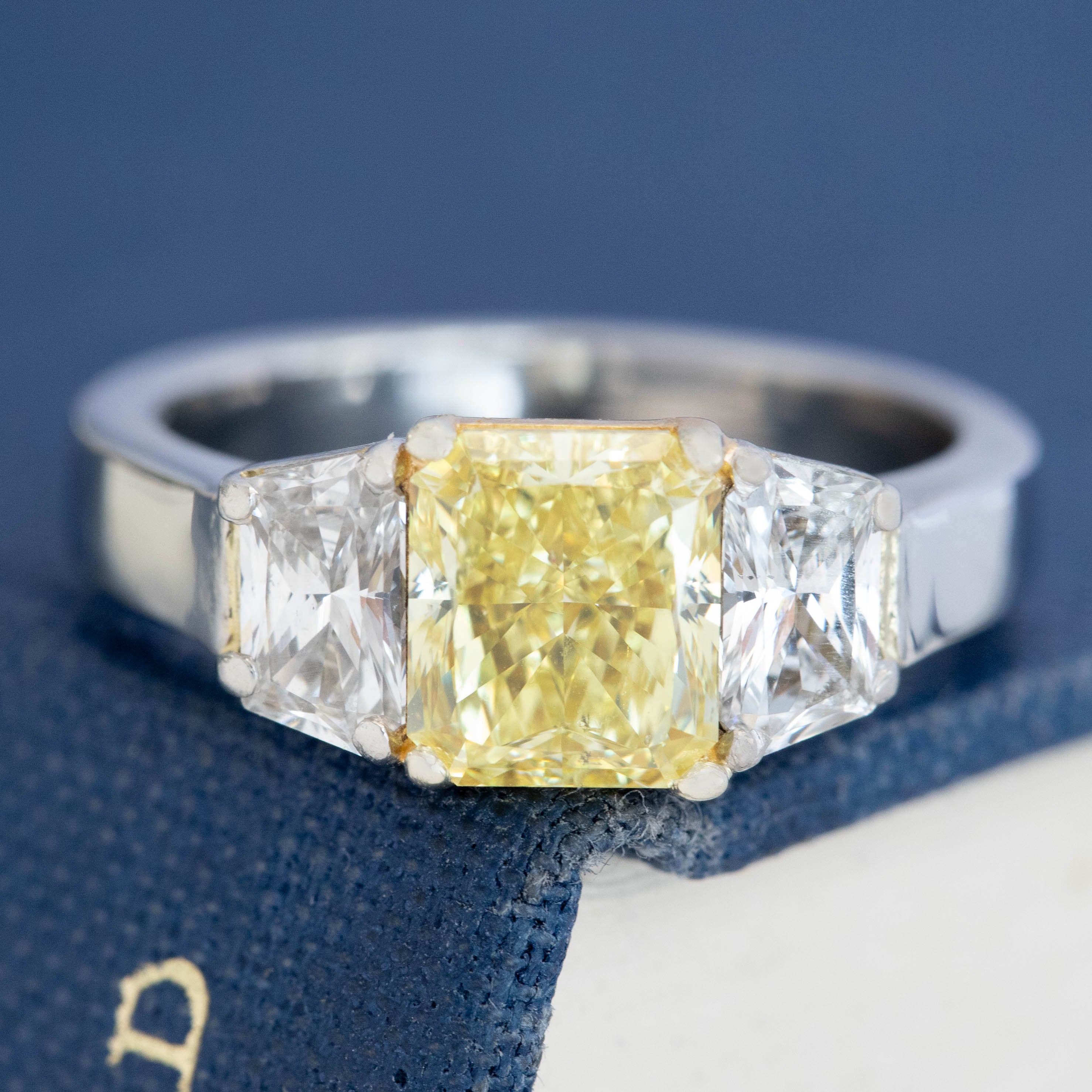 2.36ctw Fancy Intense Yellow Radiant Cut Diamond Trilogy Ring, GIA