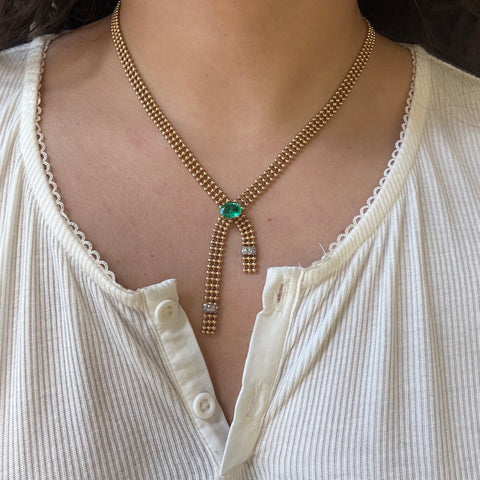 Vintage Diamond & Emerald Ribbon Drop Necklace, French