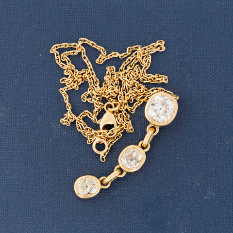 3.60ctw Vintage Old Mine Cut Diamond Bezel 3-Stone Drop Pendant, French