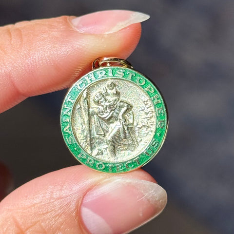 Vintage Saint Christopher Protect Us Enamel Pendant