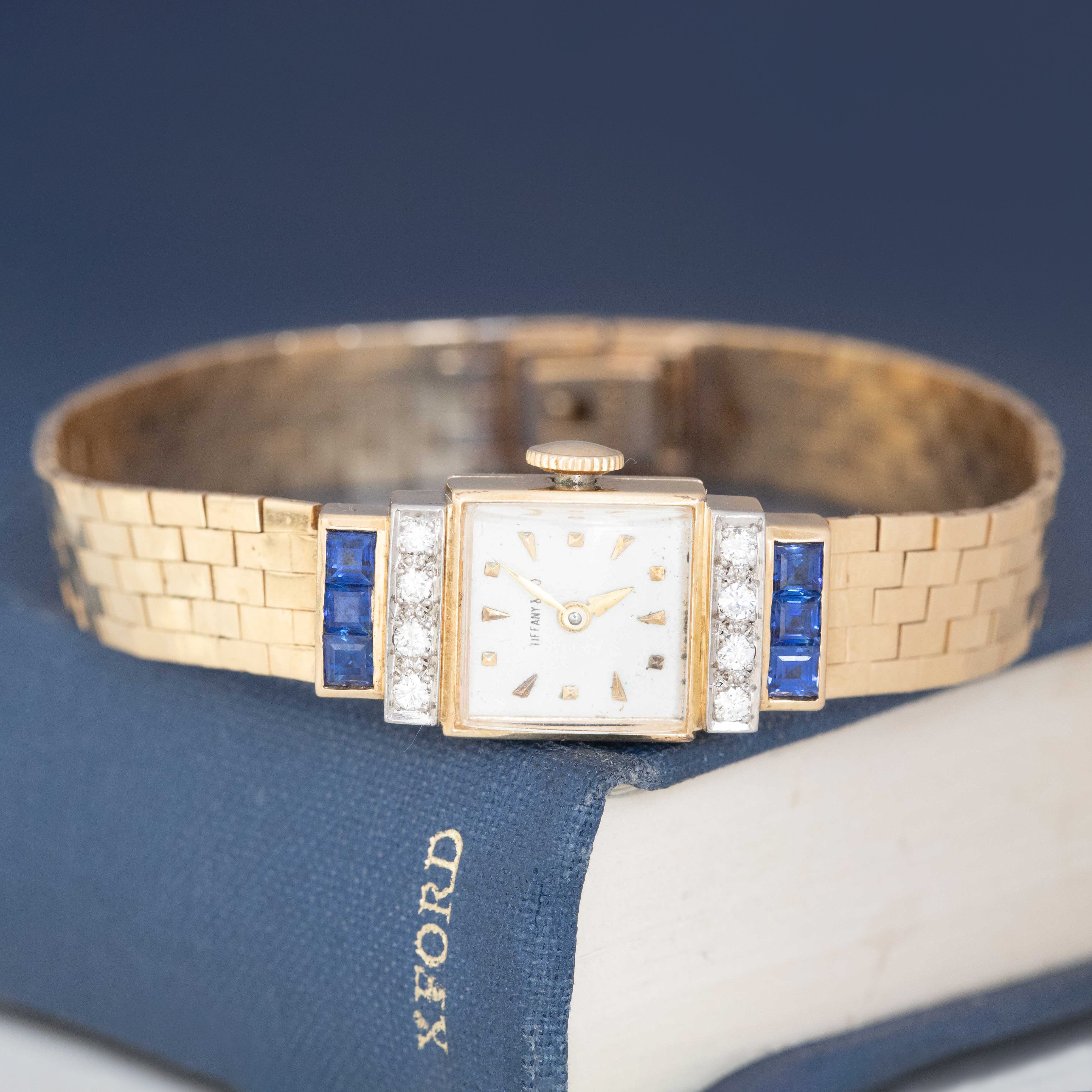 Vintage Tiffany gold bracelet watch with sapphire and diamond accents