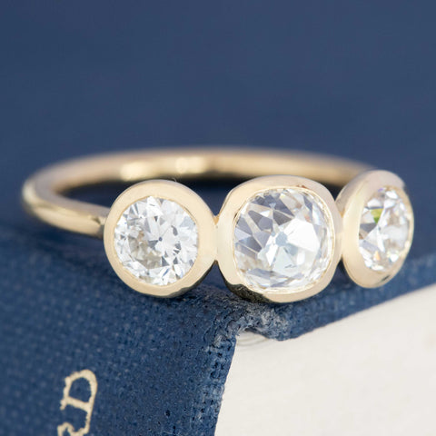 1.86ctw Old European & Old Mine Cut Diamond Bezel Trilogy Ring