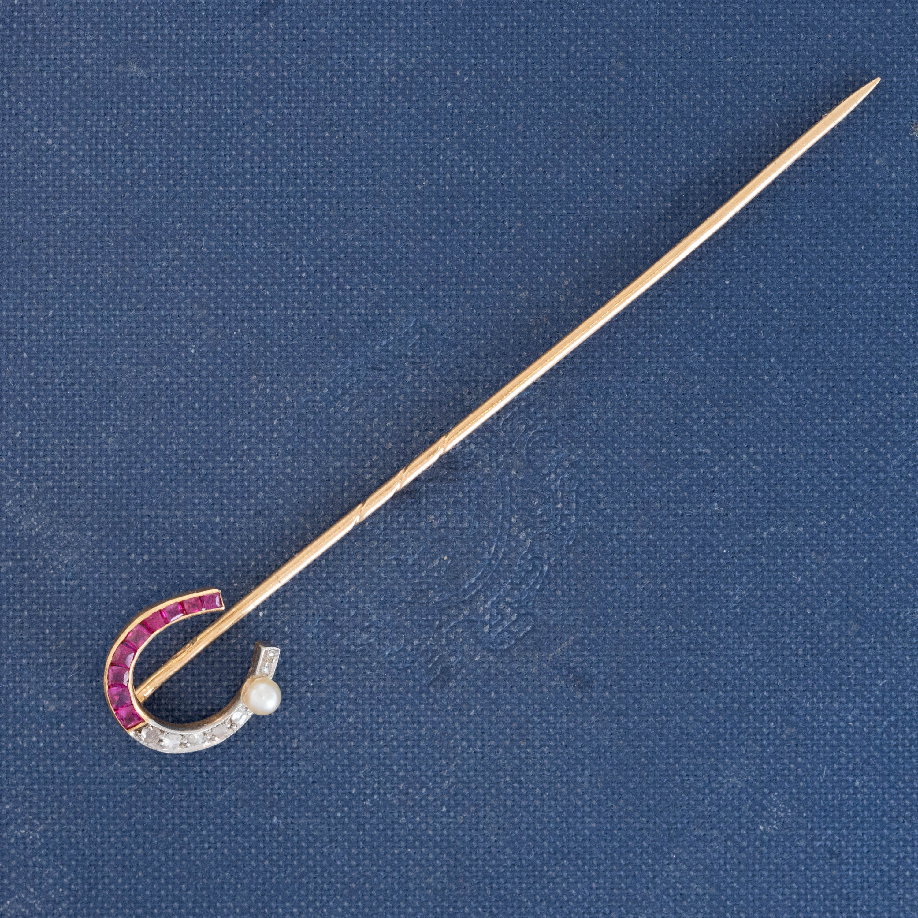 Edwardian Diamond, Ruby & Pearl Horseshoe Stick Pin