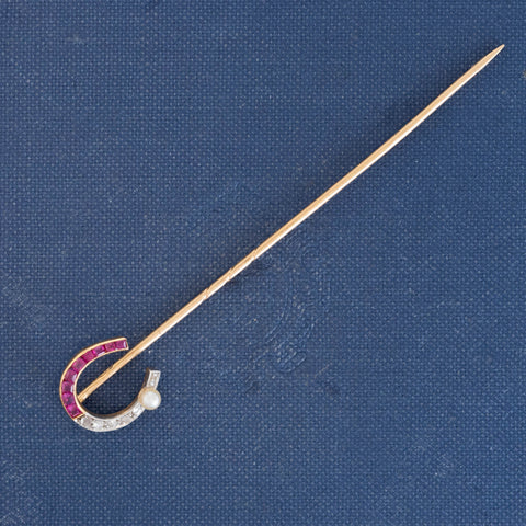 Edwardian Diamond, Ruby & Pearl Horseshoe Stick Pin
