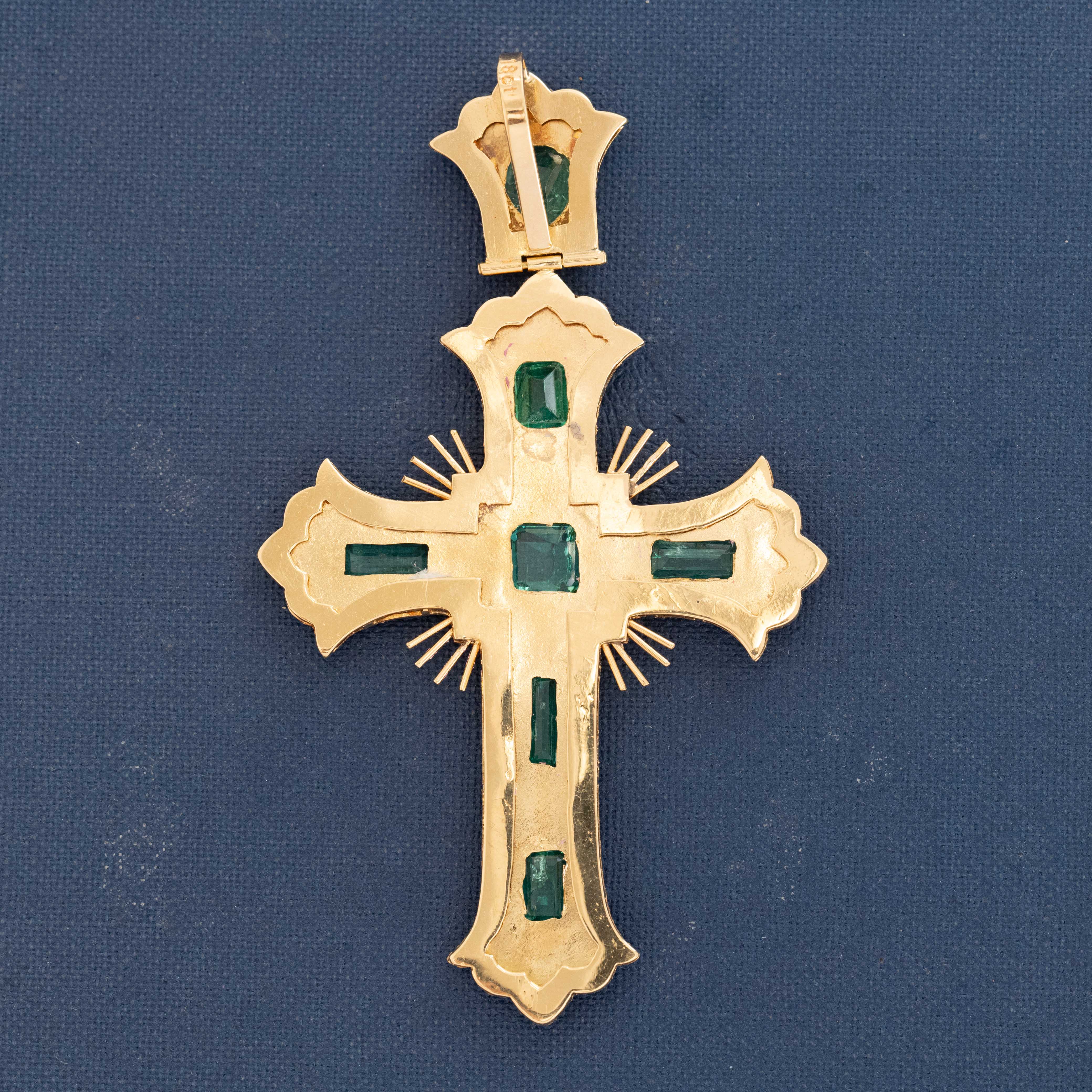 Vintage 18K gold cross set with emeralds and diamonds