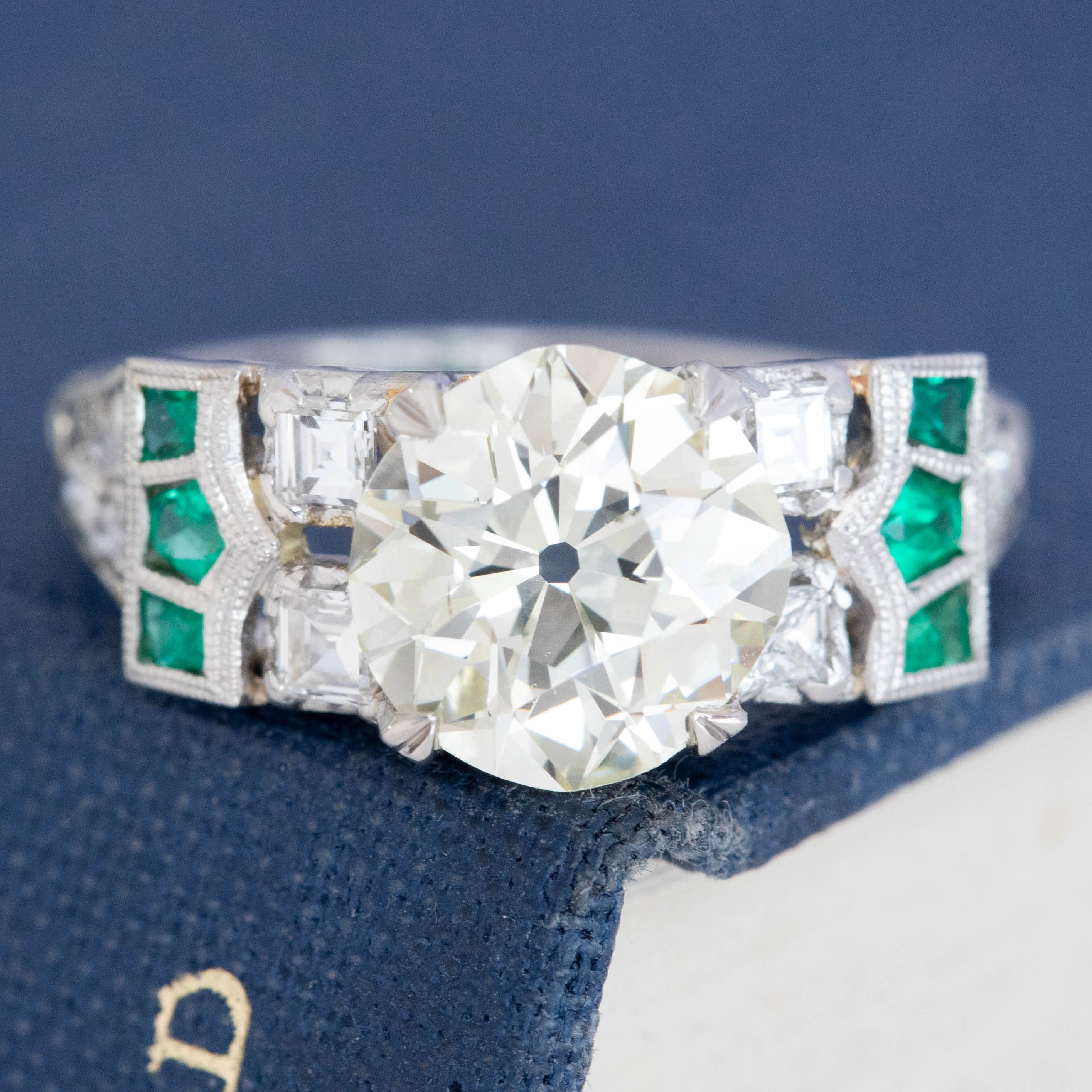 2.15ct Art Deco Old European Cut Diamond & Emerald Ring, GIA