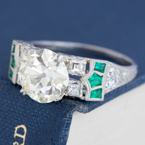 2.15ct Art Deco Old European Cut Diamond & Emerald Ring, GIA