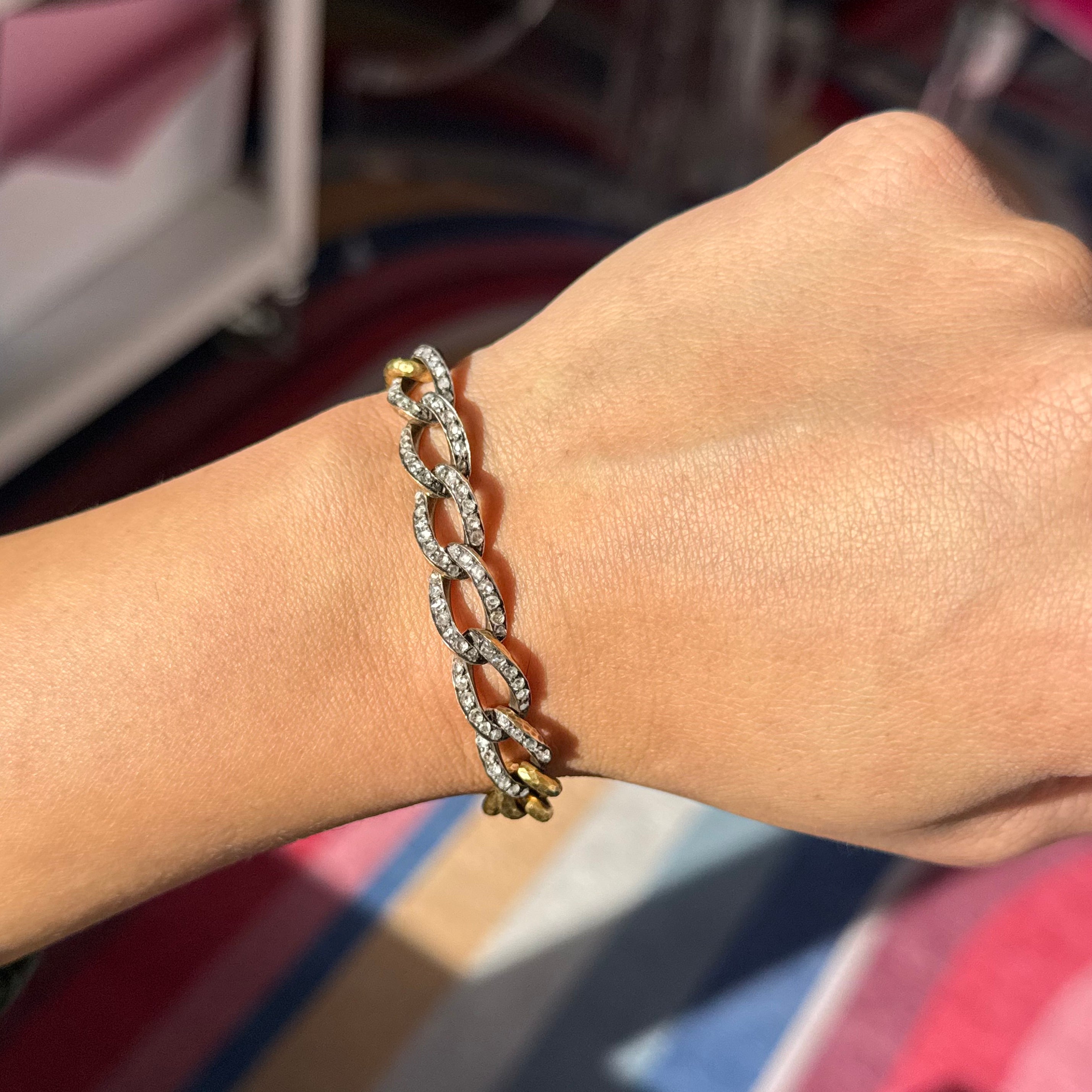 RARE Antique Rose Cut Diamond Curb Link Bracelet, French