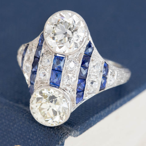 3.08ctw Edwardian Old European Cut Diamond & Sapphire Toi et Moi Ring