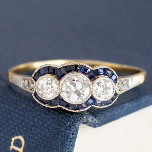 .78ctw Vintage Old European Cut Diamond & Sapphire Trilogy Ring