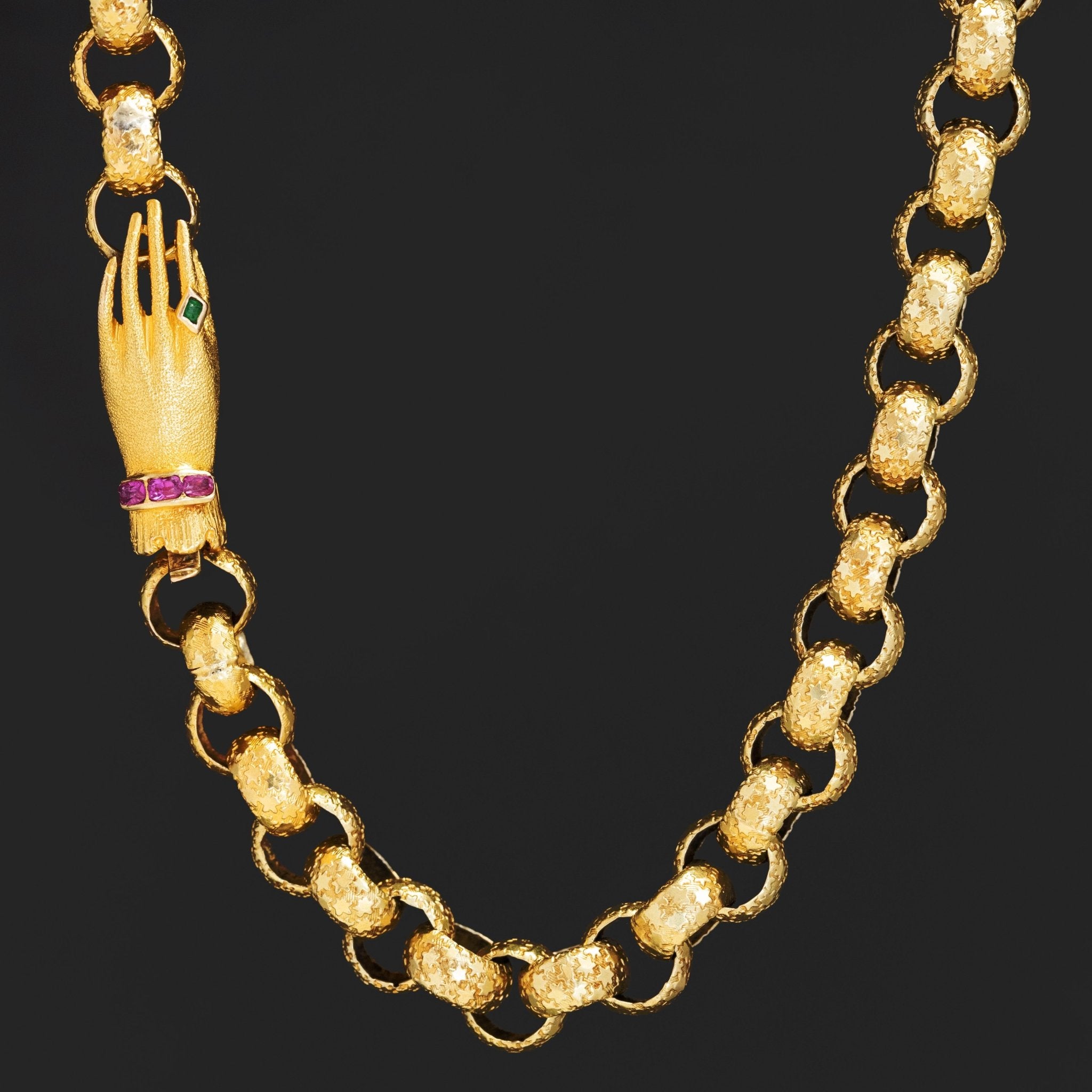 Antique Victorian long guard chain with celestial motif and hand clasp