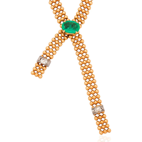 Vintage Diamond & Emerald Ribbon Drop Necklace, French