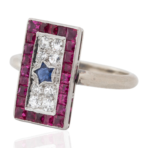 Vintage Star Diamond, Ruby & Sapphire Cluster Ring