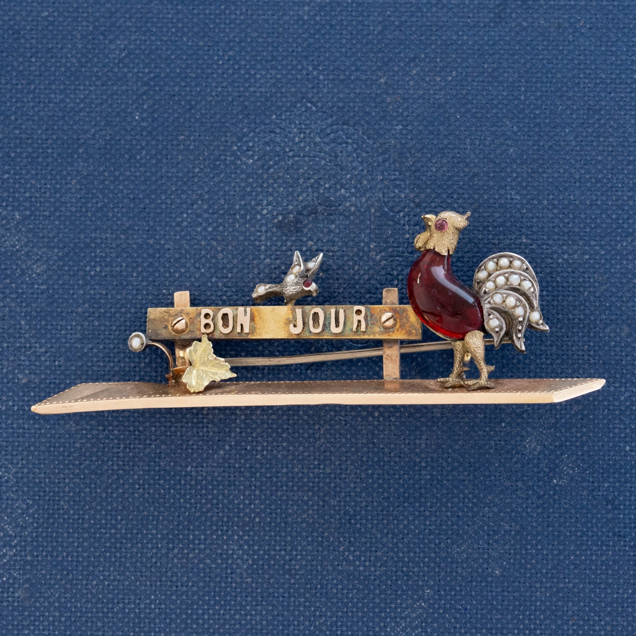 Antique "Bon Jour" Rooster Brooch