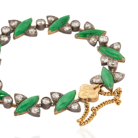 Antique carved jadeite leaf and old cut diamond bracelet in silver-topped 18K gold – alternate view 4