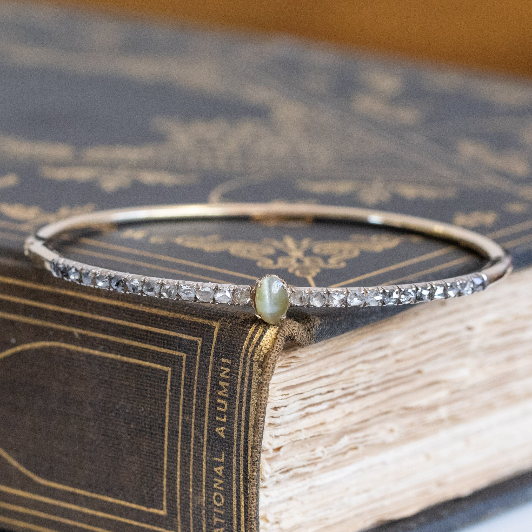 Antique Chrysoberyl Cat's Eye and Diamond Bangle