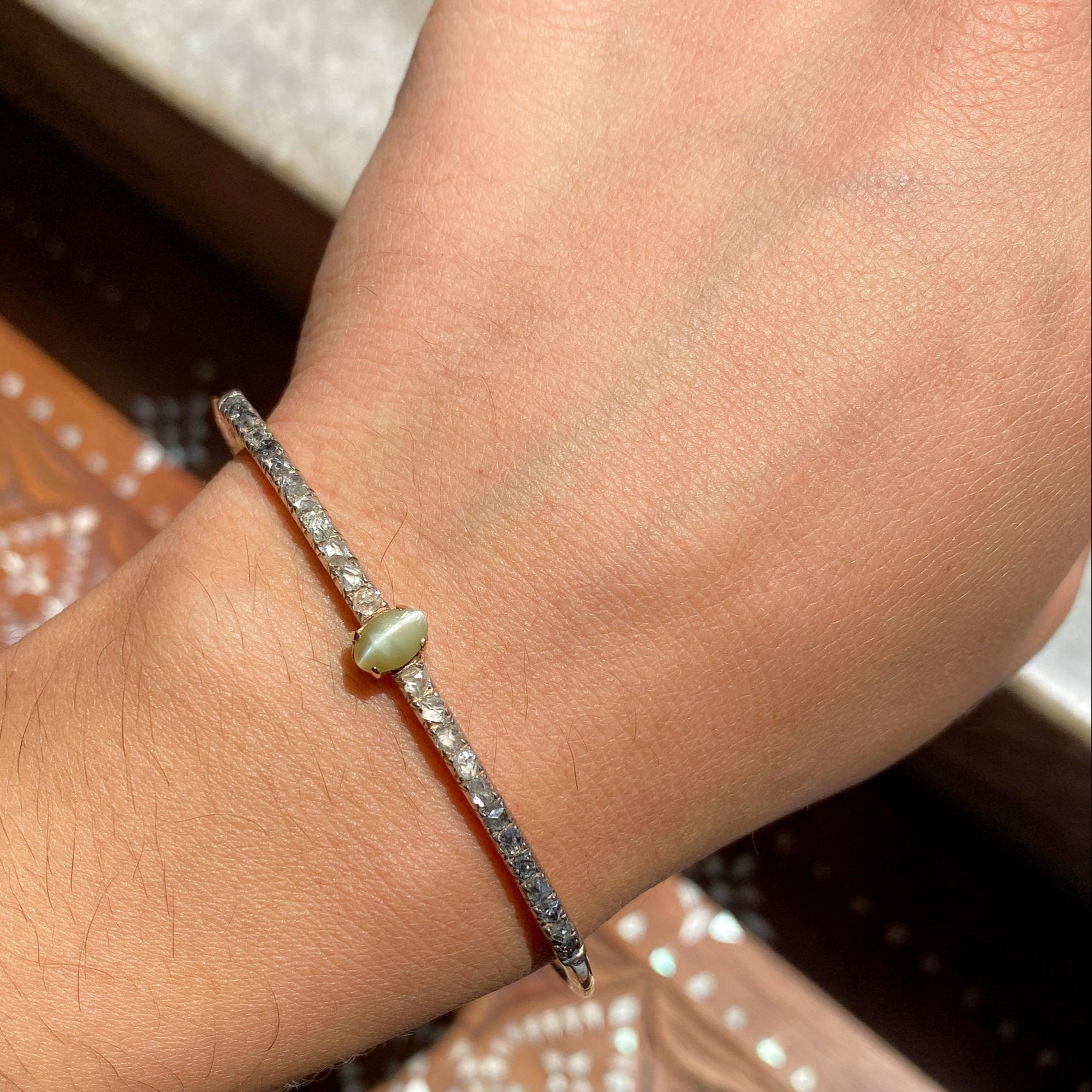 Antique Chrysoberyl Cat's Eye and Diamond Bangle