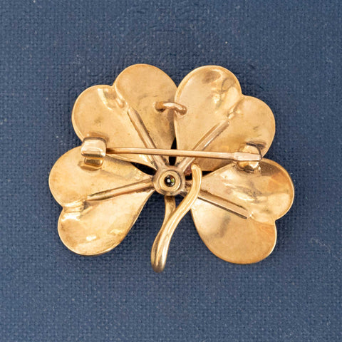 Victorian black enamel four-leaf clover brooch pendant with old mine cut diamond in 14kt yellow gold – alternate view 2