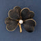 Victorian black enamel four-leaf clover brooch pendant with old mine cut diamond in 14kt yellow gold
