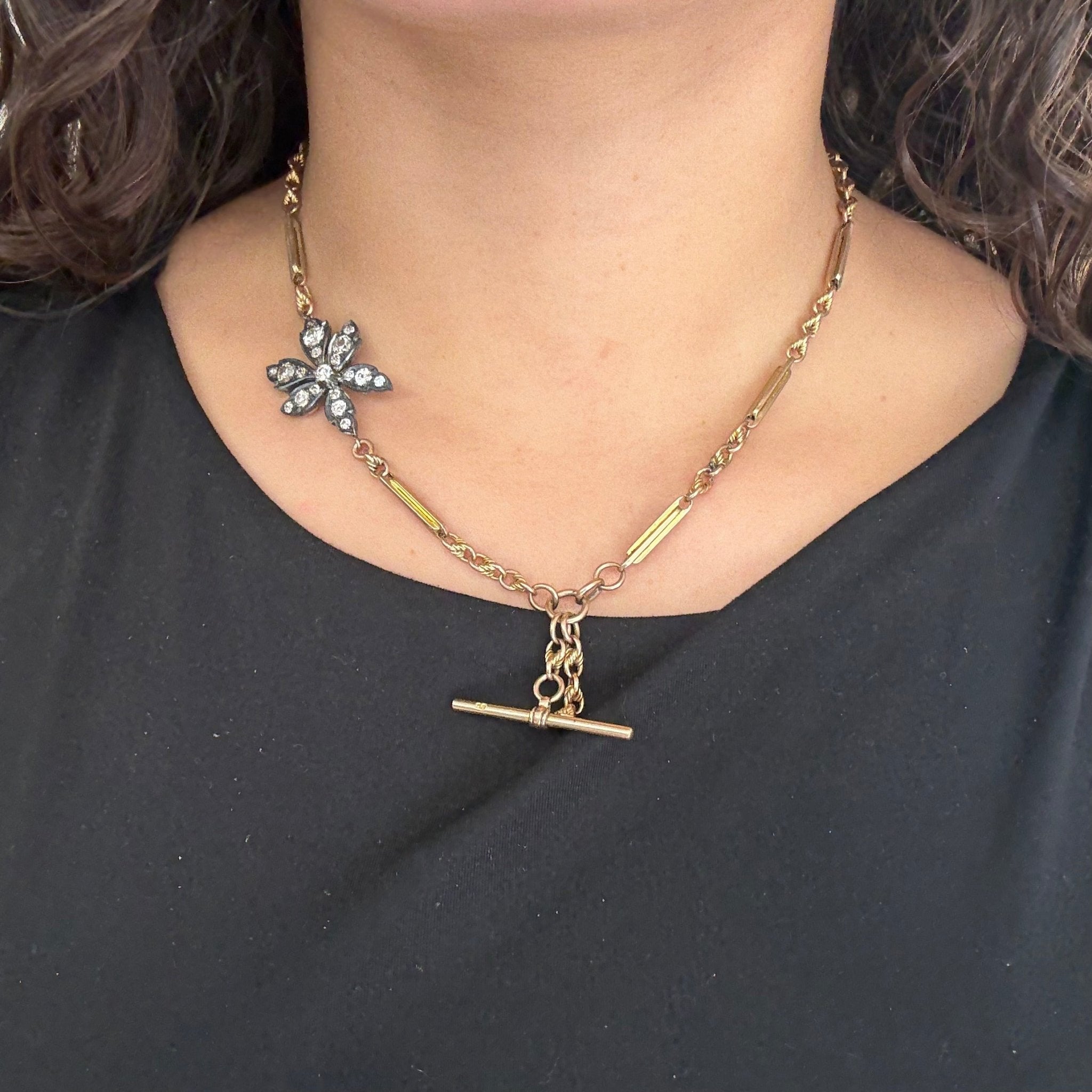 Antique Diamond Floral Component Bar Link Necklace