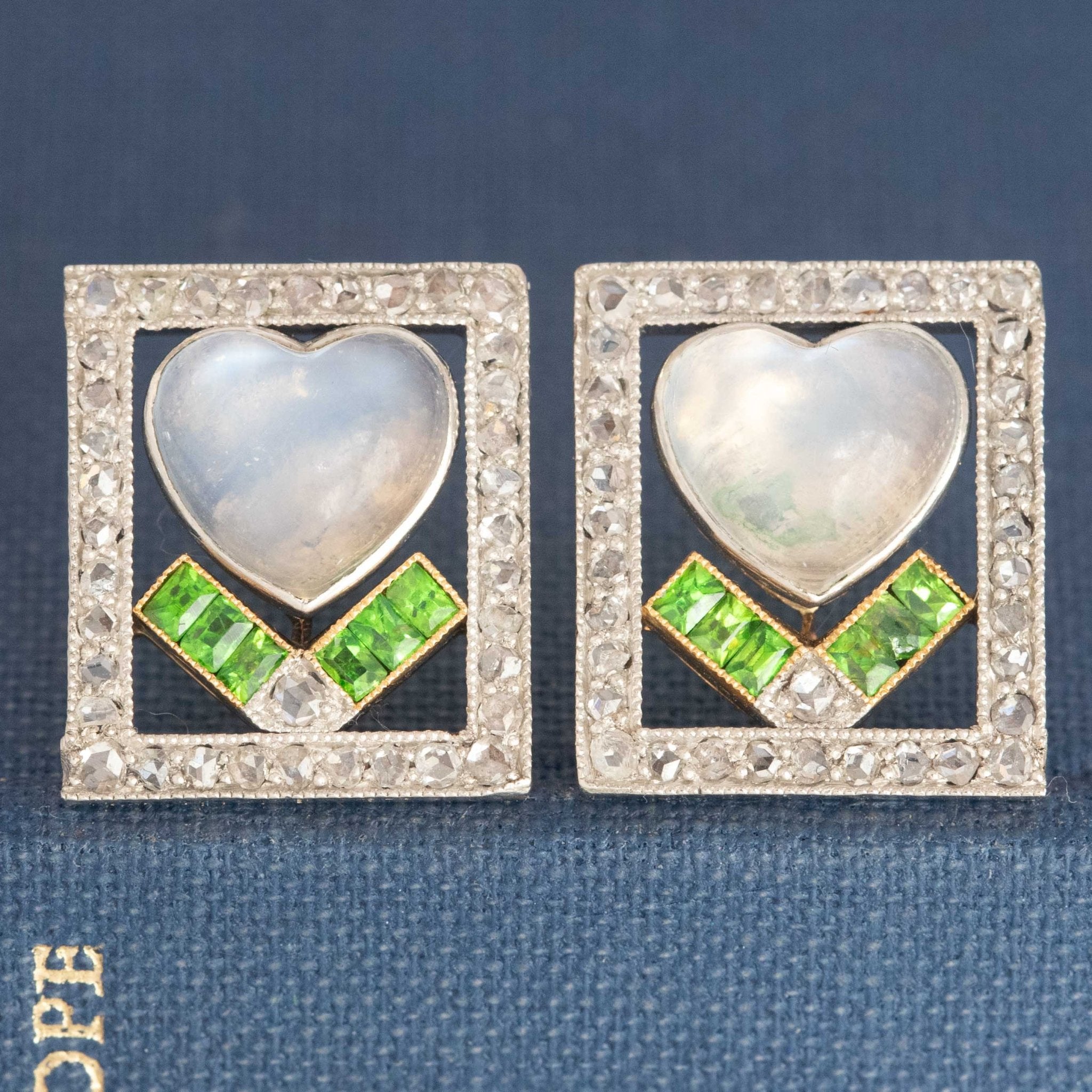 3.10ctw Antique Diamond, Garnet & Heart Moonstone Earrings