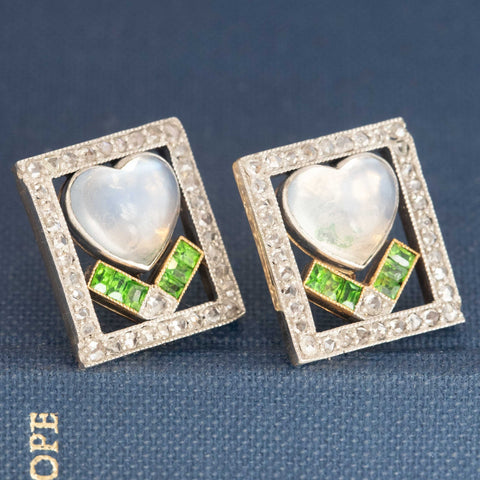 3.10ctw Antique Diamond, Garnet & Heart Moonstone Earrings