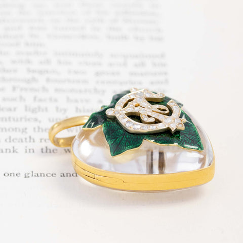 Antique Diamond, Rock Crystal & Enamel Leaf Heart Locket