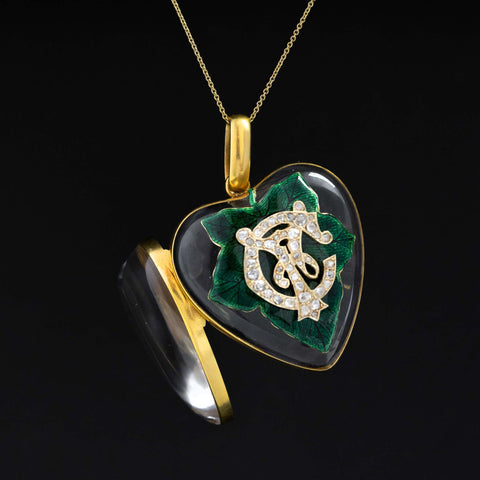 Antique Diamond, Rock Crystal & Enamel Leaf Heart Locket