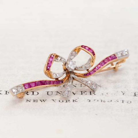 Antique Diamond & Ruby Bow Brooch