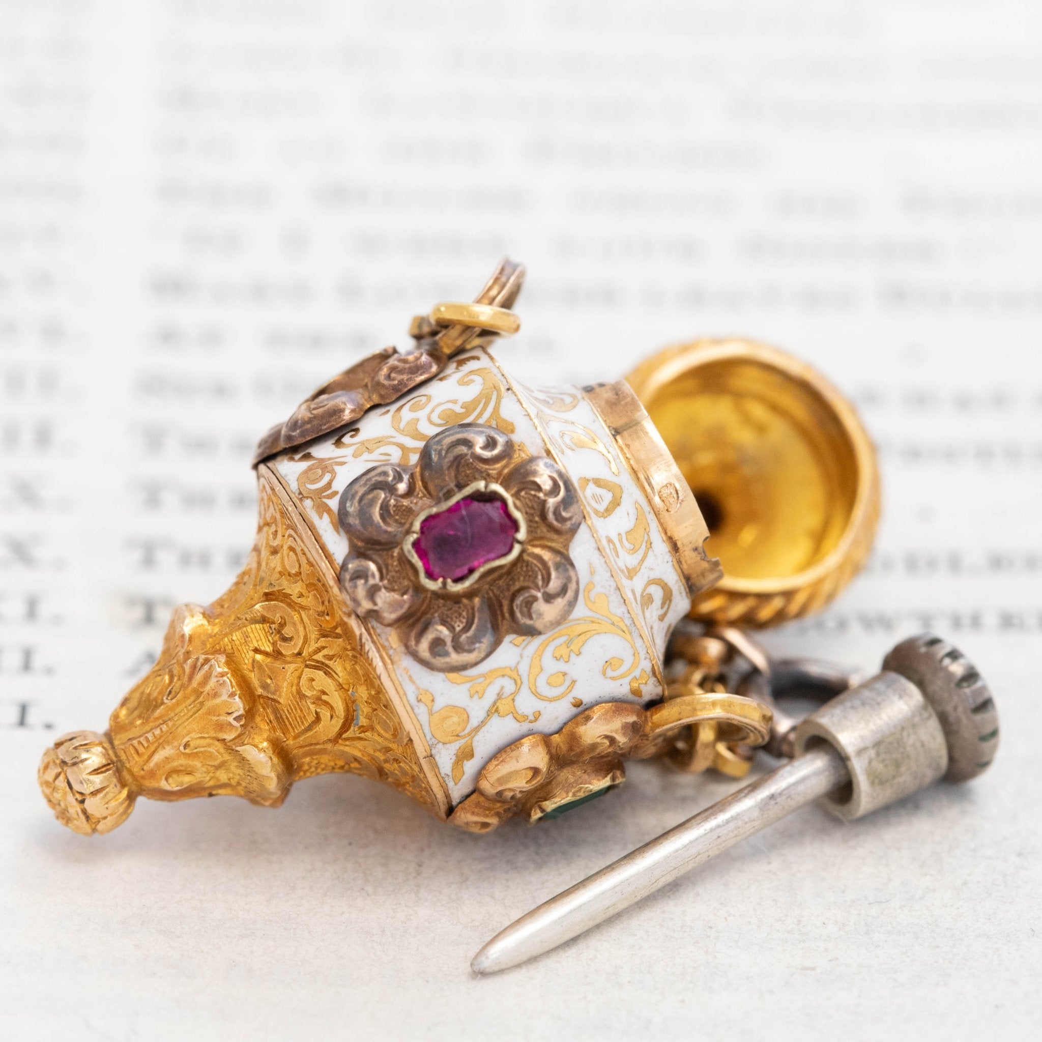 Victorian Enamel & Gemstone Perfume Bottle Pendant, French