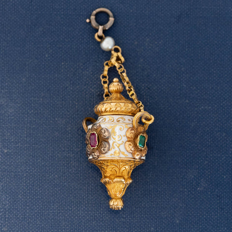 Victorian Enamel & Gemstone Perfume Bottle Pendant, French