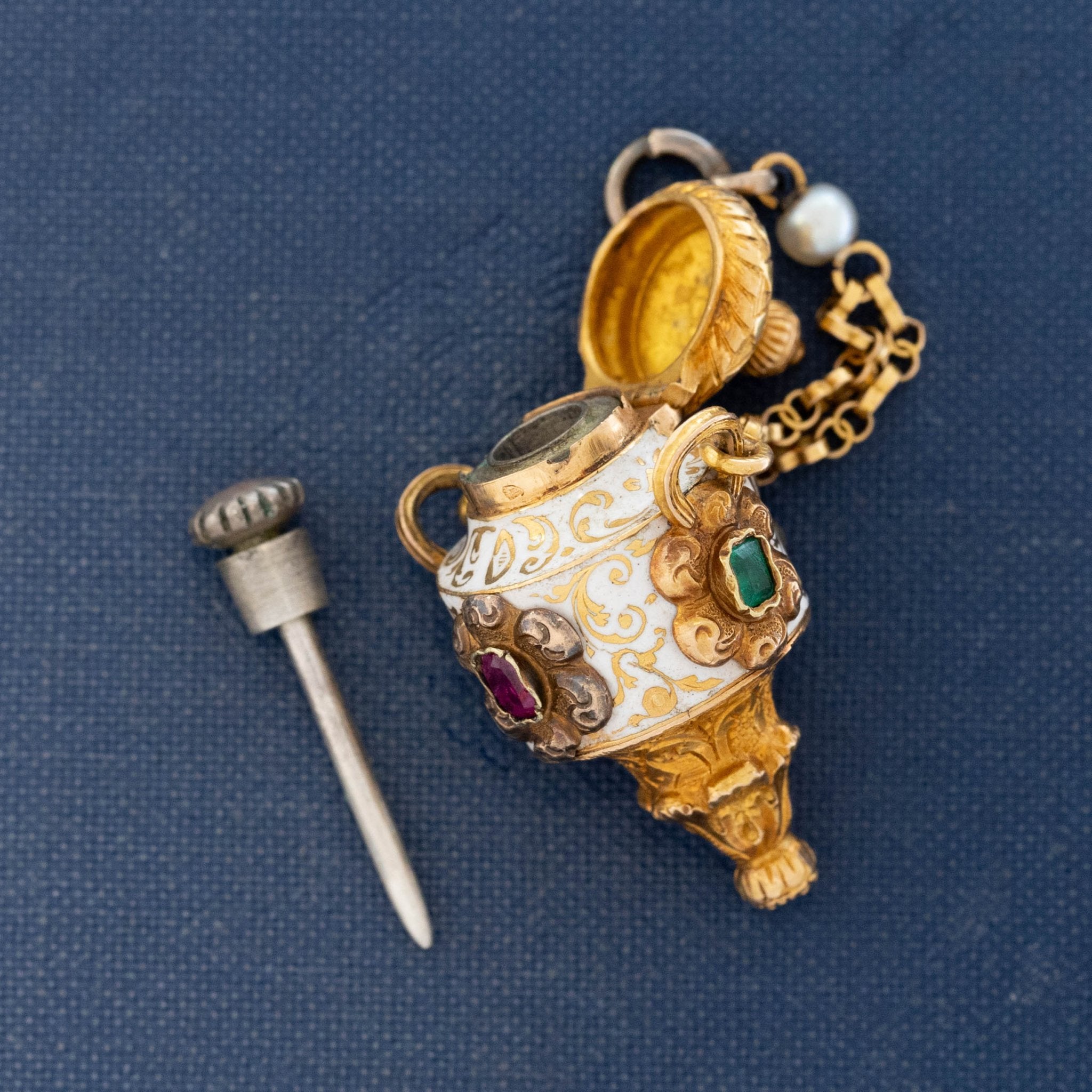 Victorian Enamel & Gemstone Perfume Bottle Pendant, French