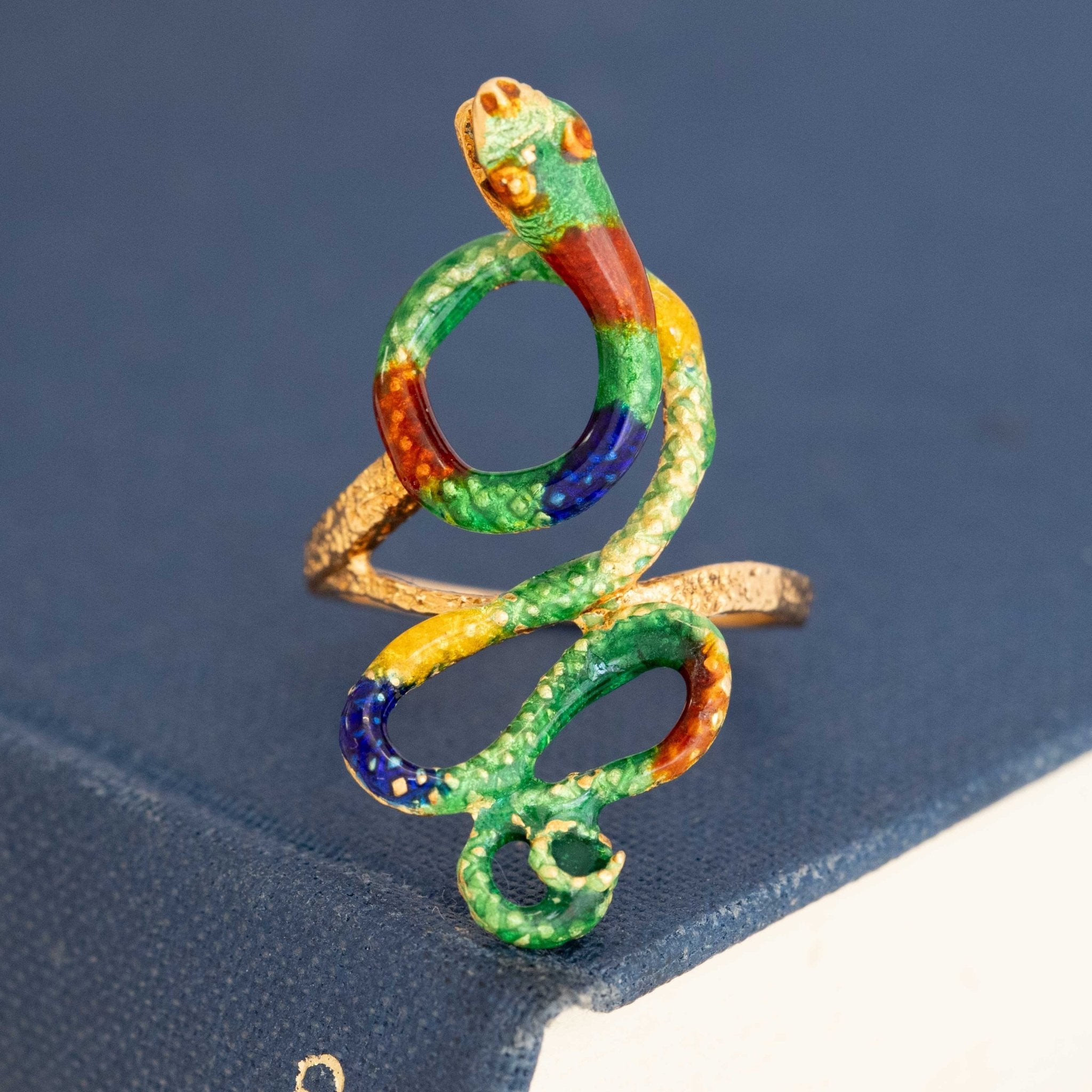 Colorful antique enamel snake ring, rare vintage jewelry for collectors and style lovers