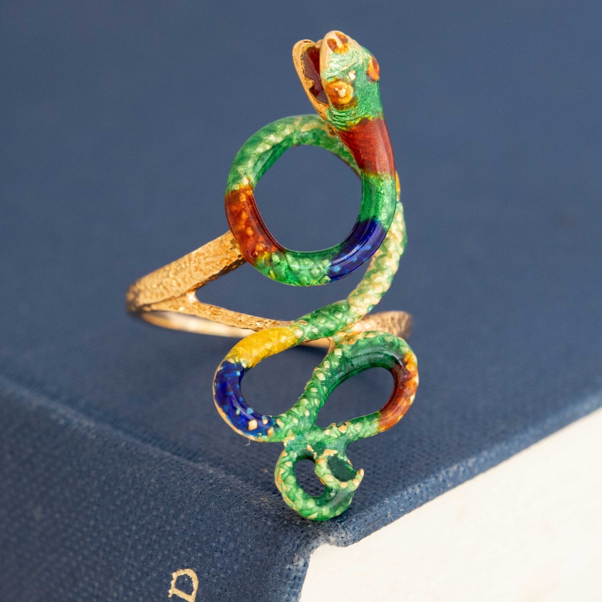 Bold statement antique snake ring in enamel and gold, rare collectible jewelry