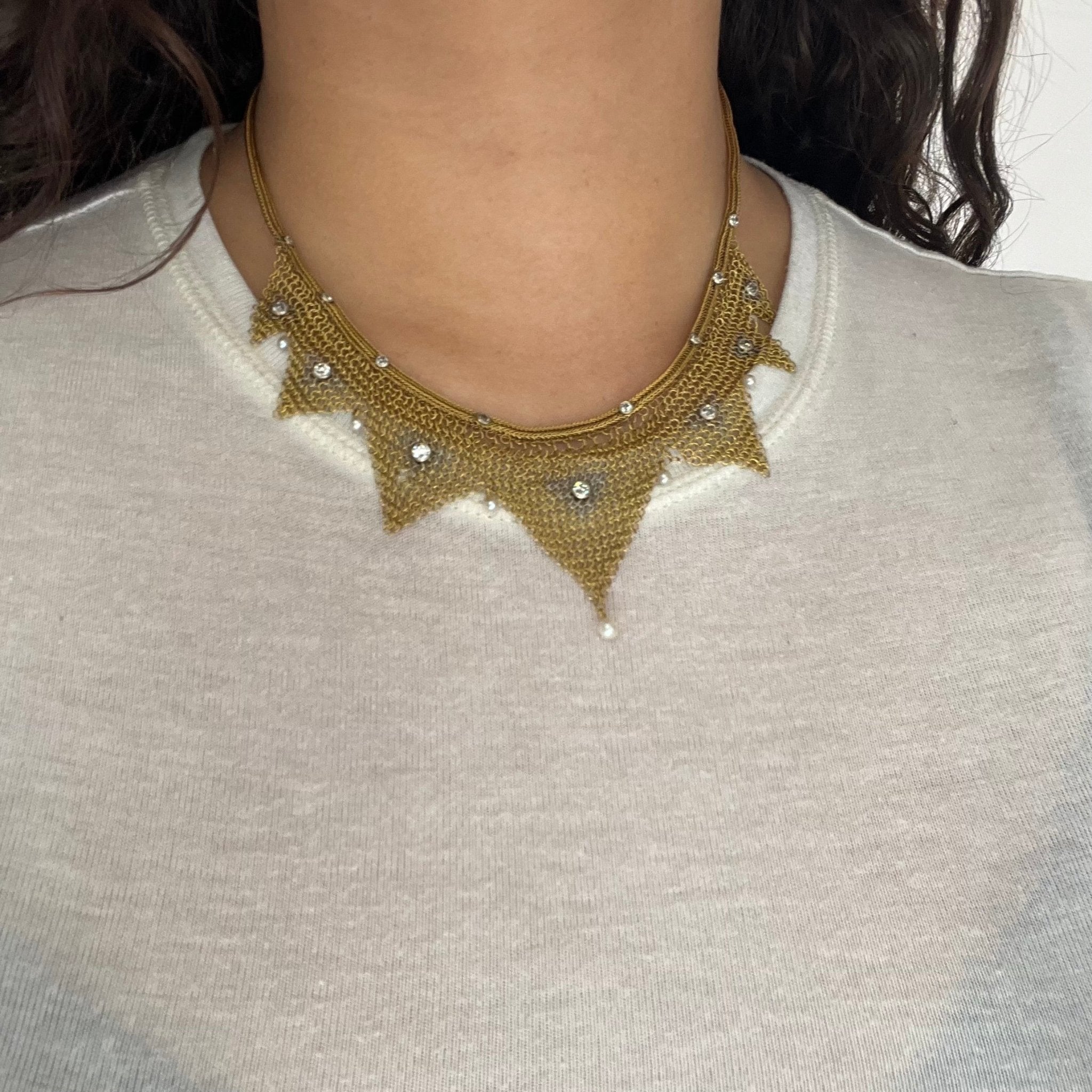 Antique Gold Mesh and Diamond Necklace