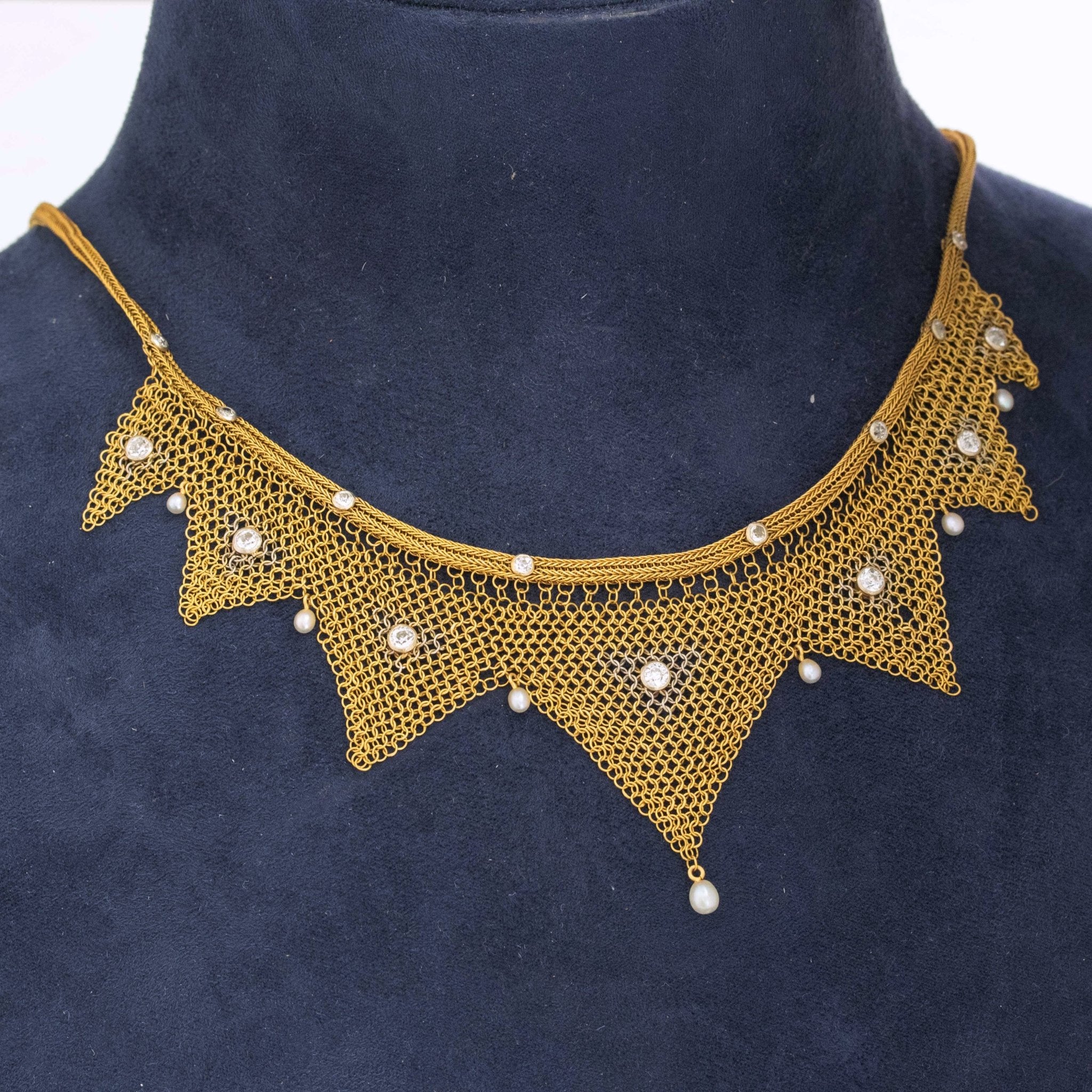 Antique Gold Mesh and Diamond Necklace